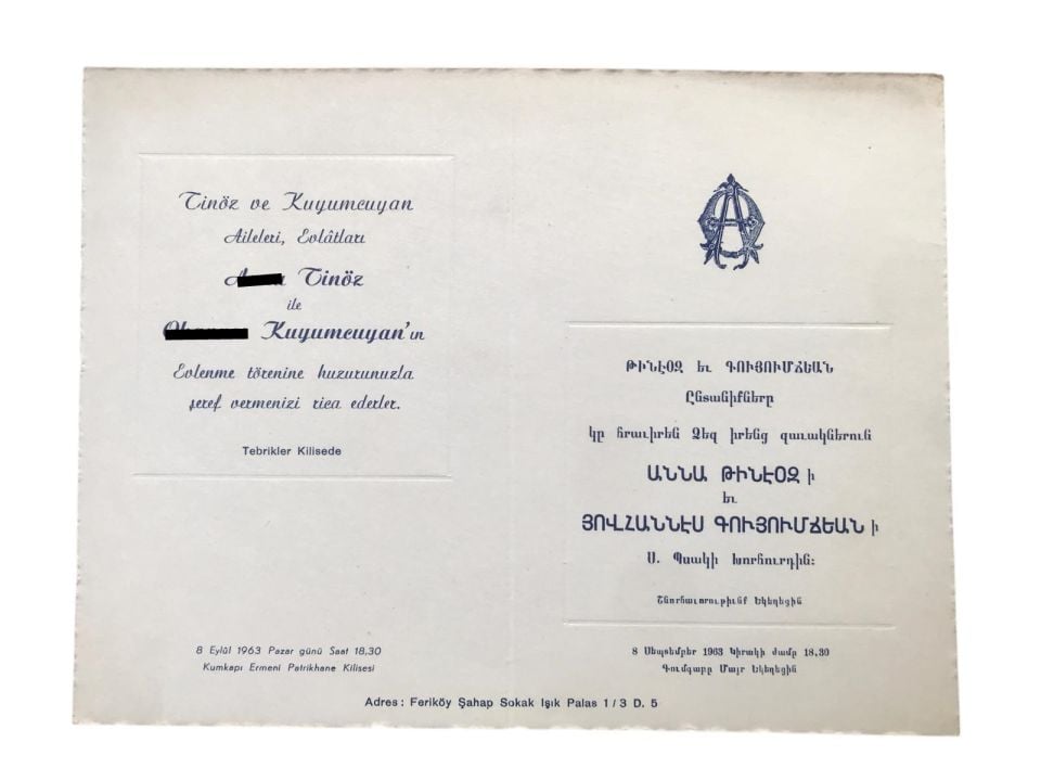 Tinöz ve Kuyumcuyan aileleri - Kumkapı Ermeni Patrikhane Kilisesi / 1963 yılı davetiye
