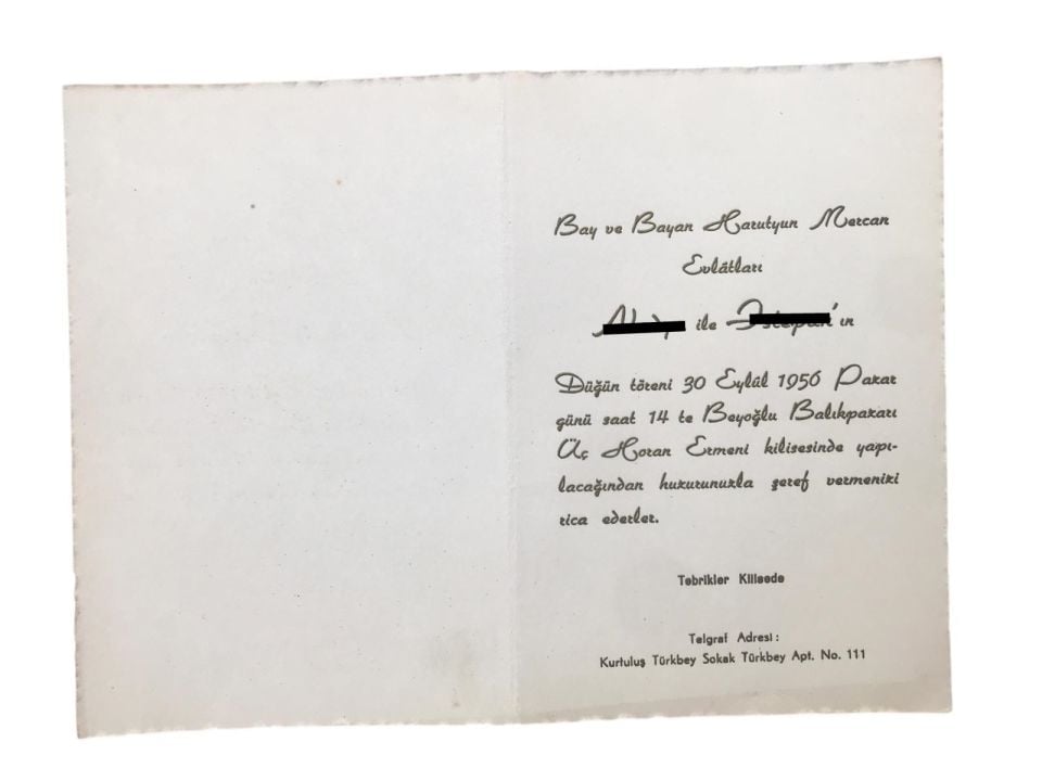 Mercan Ailesi - Beyoğlu Üç Horan Ermeni Kilisesi / 1956 yılı davetiye