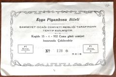 Samimiyet Ocağı Cemiyeti Reisliği Afyon - Eşya Piyankosu Bileti 1932