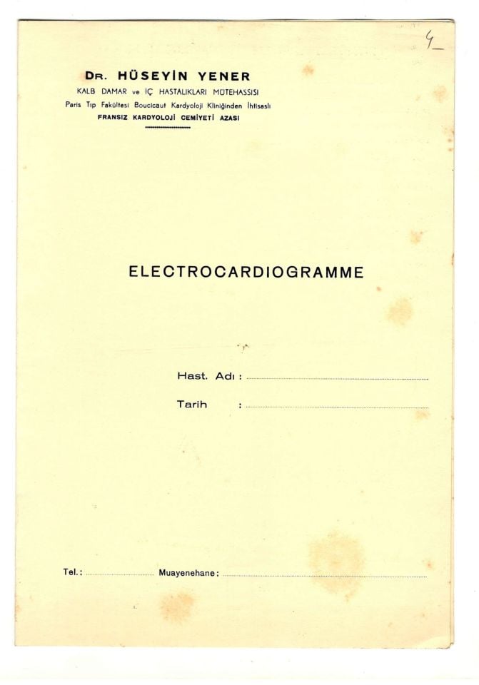 Dr. Hüseyin YENER - Fransız Kardyoloji Cemiyeti Azası / Electrocardiogramme kartı