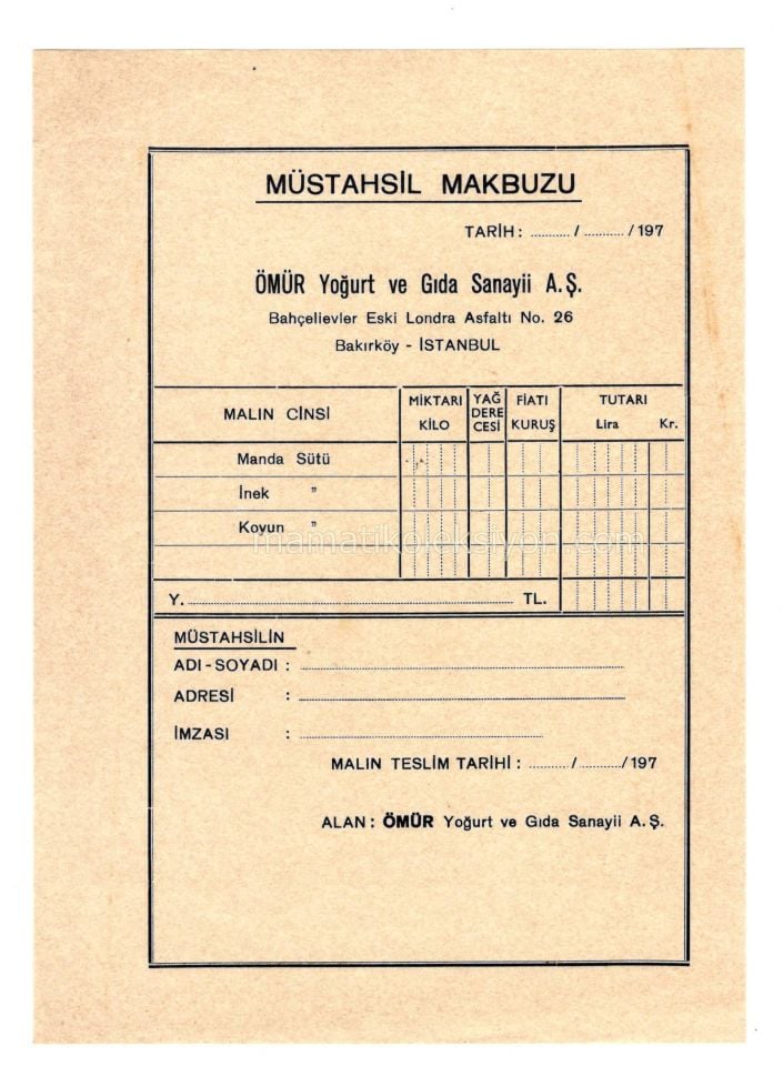 Ömür Yoğurt ve Gıda Sanayi A.Ş. - Müstahsil makbuzu / BAKIRKÖY