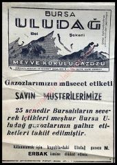Bursa Uludağ Meyve Kokulu Gazozu, reklam Yeme İçme efemeraları - Efemera