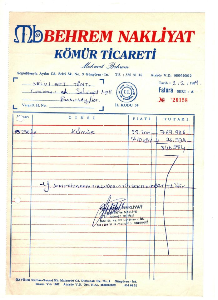 Behrem Nakliyat Kömür Ticareti BAKIRKÖY - Fatura