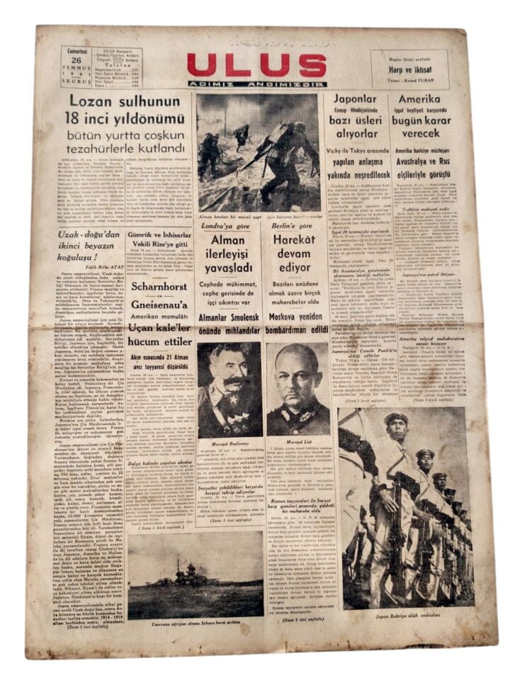 2. Dünya Savaşı * Lozan / 26 Temmuz 1941 tarihli Ulus Gazetesi