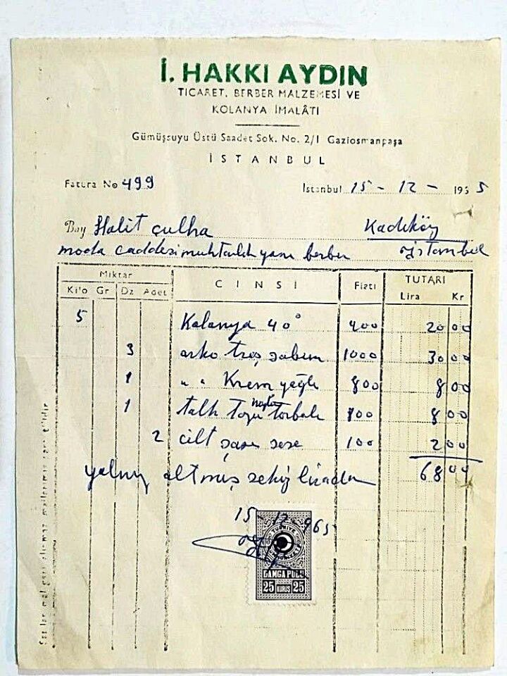 İ. Hakkı AYDIN * Ticaret Berber Malzemesi ve Kolonya imalatı * Fatura
