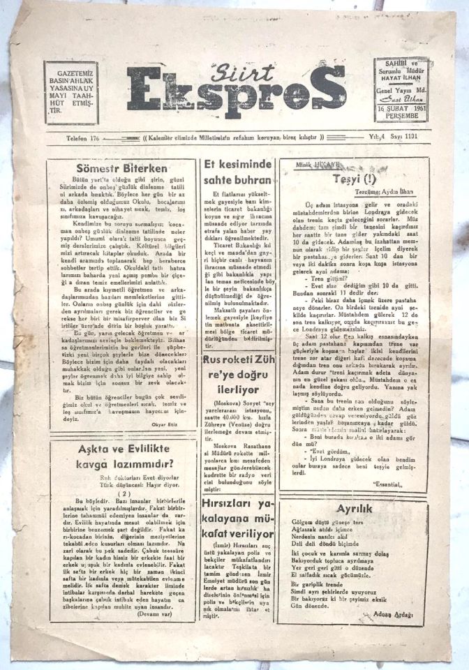 Siirt Ekspres gazetesi - 16 Şubat 1961 / Eski gazeteler