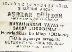 Hayali Hasan YAVAŞ - Sabri ÇOKSOLMAZ / Aşıklar dilinden kitabı  Gazete Reklamı - Efemera