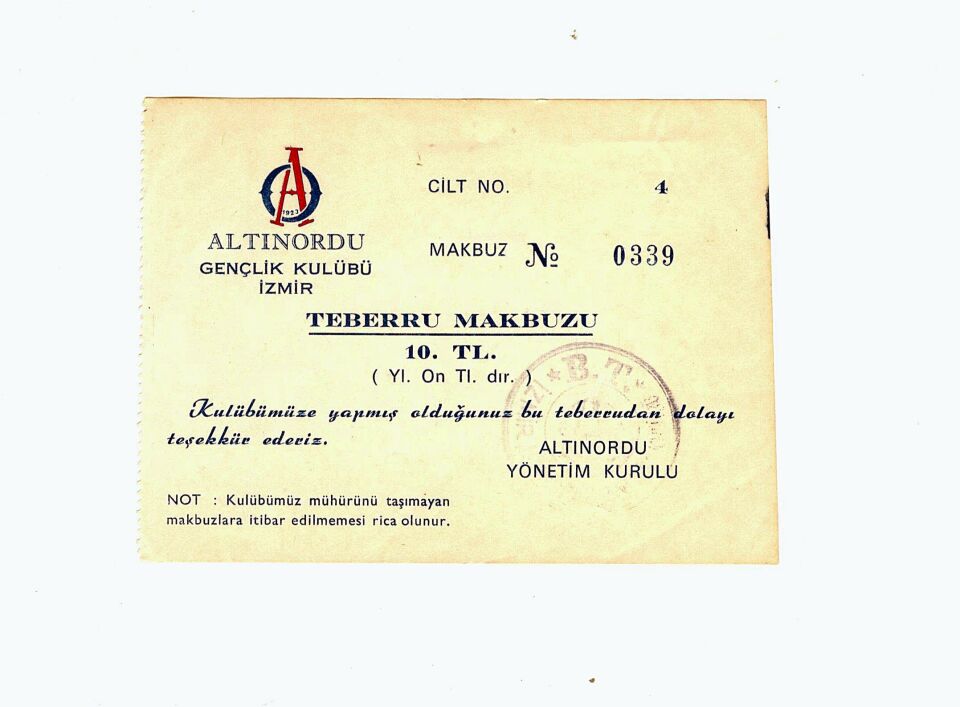 Altınordu Gençlik Kulübü İZMİR * Teberru makbuzu