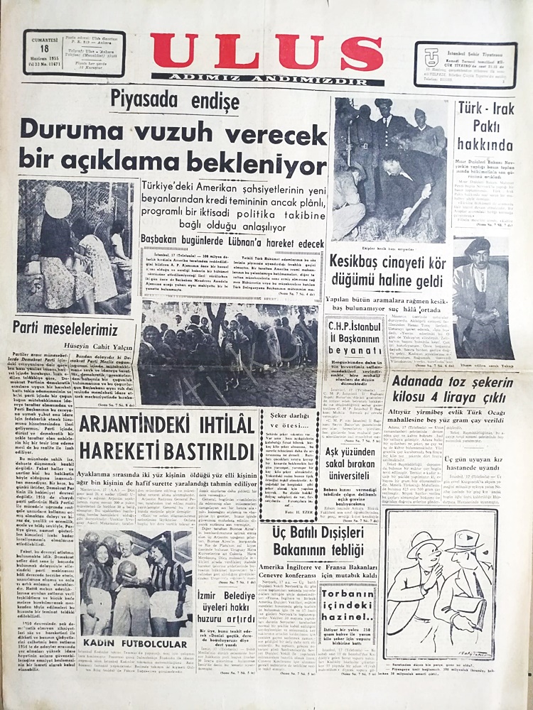 17-18 Haziran 1955 tarihli, Kesikbaş cinayeti haberli, 2 adet Ulus gazetesi  