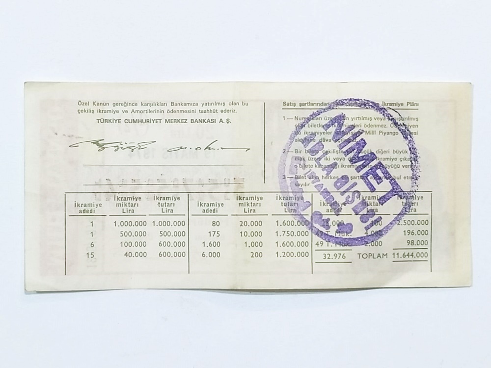 19 Mayıs 1974 Yarım bilet / Nimet abla gişesi - Piyango