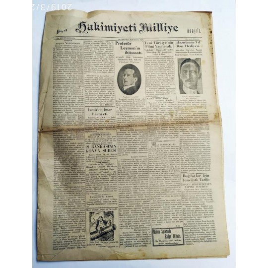 30 Eylül 1929 tarihli Hakimiyeti Milliye gazetesi İş Bankası'nın Konya şubesi, Safa Sürmesi reklamlı 11 Şubat 1983 - Efemera