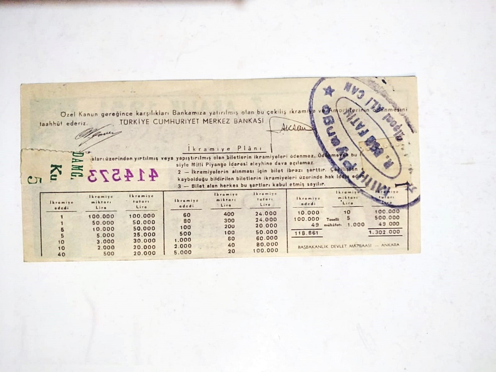 7 Aralık 1951 Dörtte bir bilet / Fatih Ali CAN kaşeli - Piyango