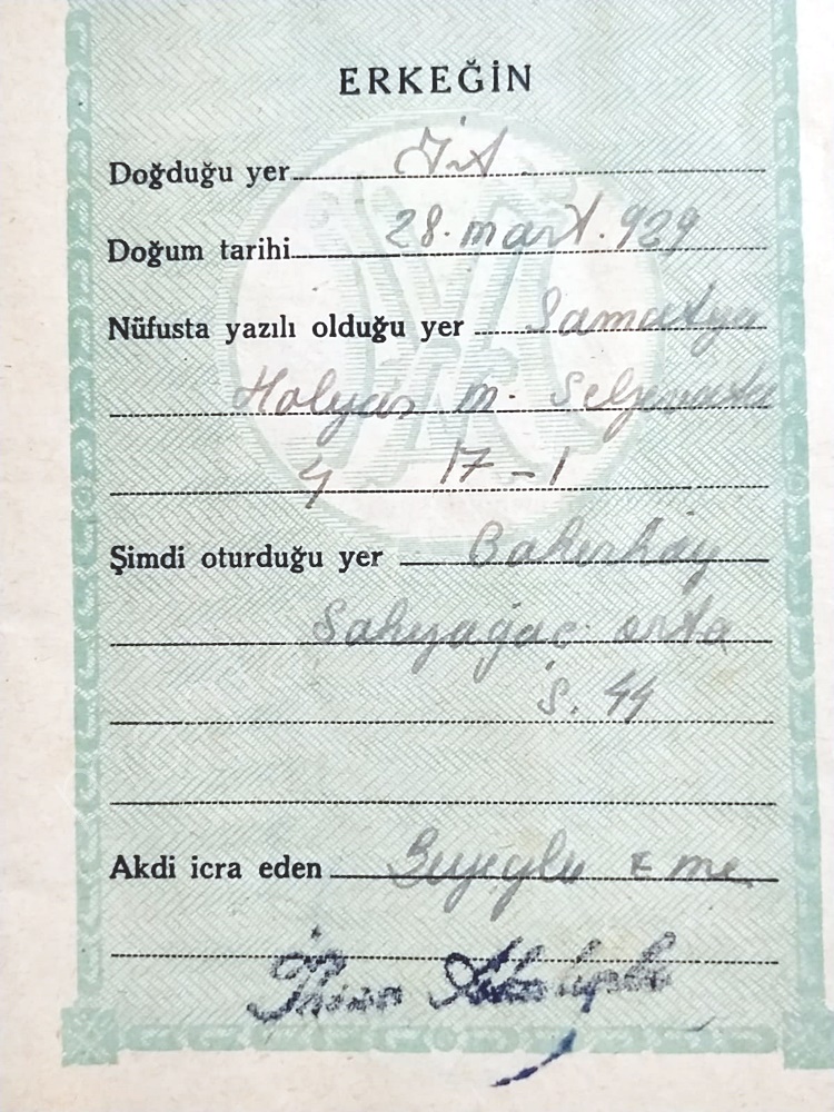 Bakırköy Sakızağacı - 1956 tarihli evlenme cüzdanı