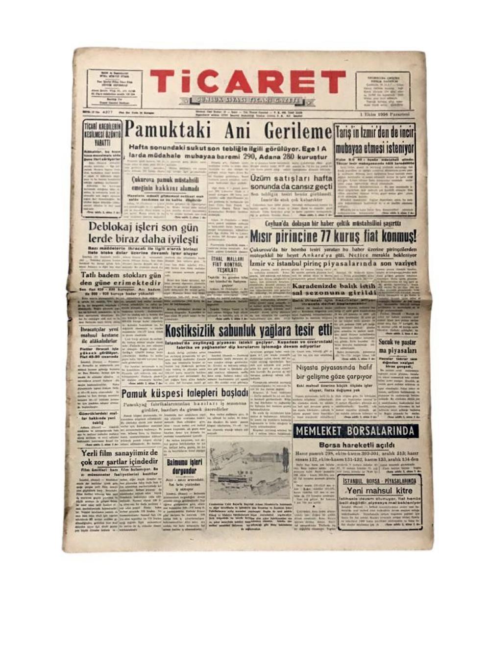 DYO Fabrikası - Tam sayfa haber / 1 Ekim 1956 tarihli Ticaret Gazetesi