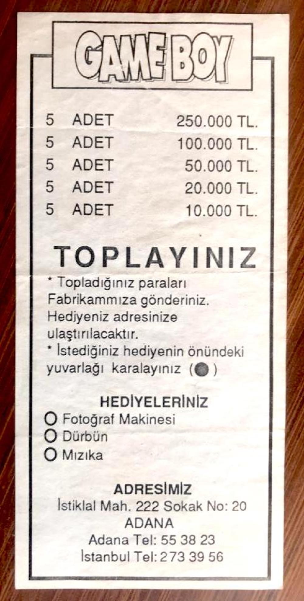 Game Boy Adana - 250.000 TL / İkramiye parası