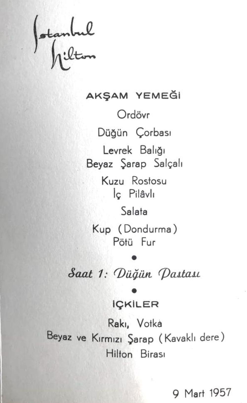 İstanbul Hilton Akşam Yemeği - Davetiye menü 1957