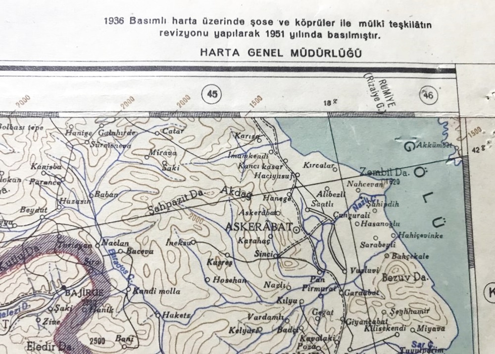 Musul - Erzurum / 1936 tarihli, bez harita