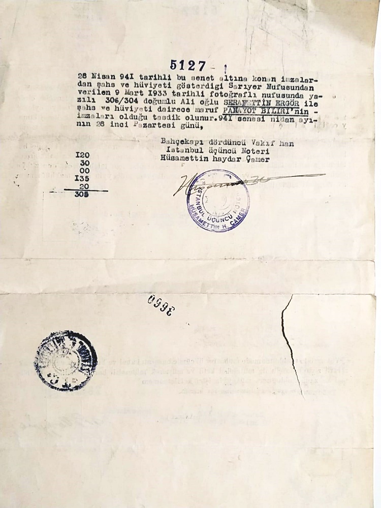 Rumeli kavağı kayıkhaneler - Kabzımal PANAYOT 1941 tarihli, filigranlı evrak 