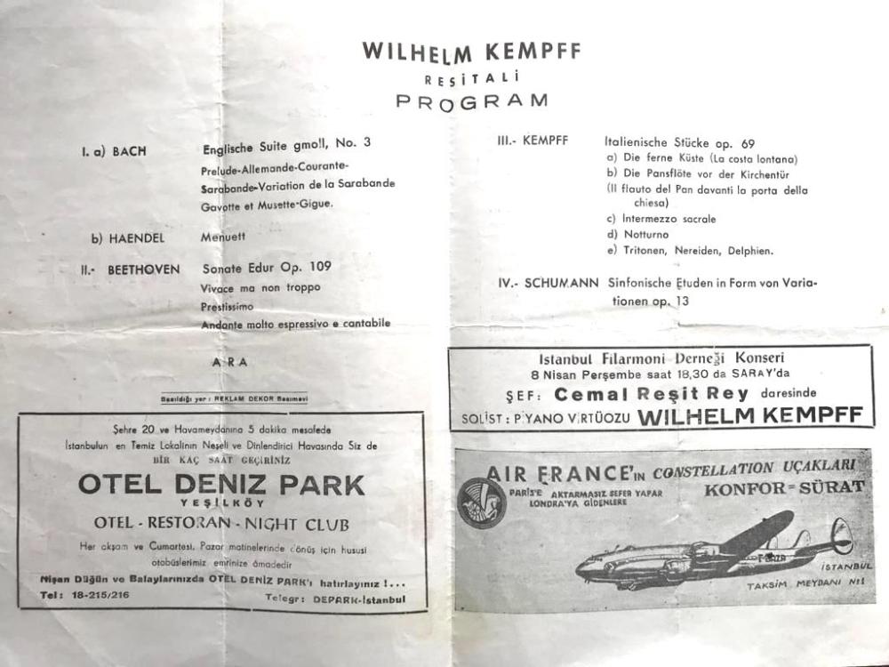 Saray Sineması - Wilhelm KEMPFF Resitali / Broşür