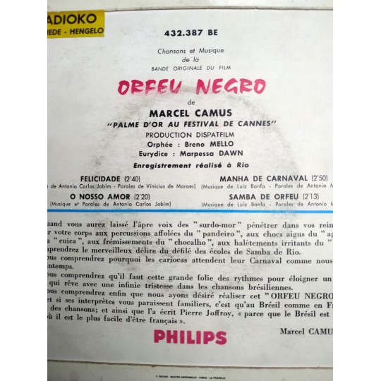 BANDE ORİGİNALE DU FİLM DE MARCEL CAMUS Orfeu Negro - Plak