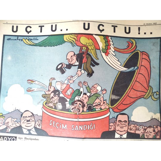 Cumhuriyet gazetesi - 21 Haziran 1945 Yarım sayfa arka kapak seçim karikatürlü