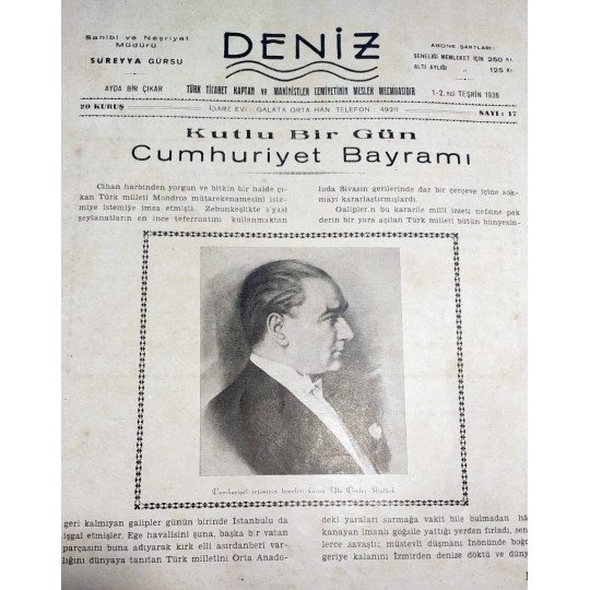 Deniz mecmuası / Türk Ticaret Kaptan ve Makinistler Cemiyetinin meslek Mecmuasıdır.  - 1-2. Teşrin 1936
