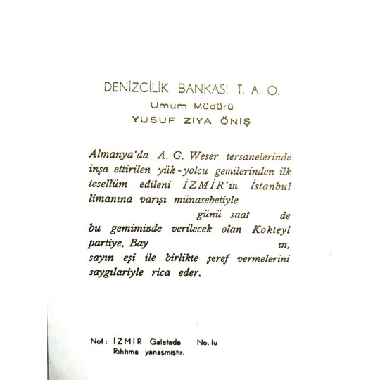Denizcilik Bankası İzmir yük gemisi, tören davetiyesi - Efemera