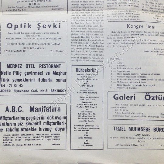 Hürbakırköy gazetesi, 19 aralık 1970 - Sayı:7 Bakırköy efemeraları - Efemera