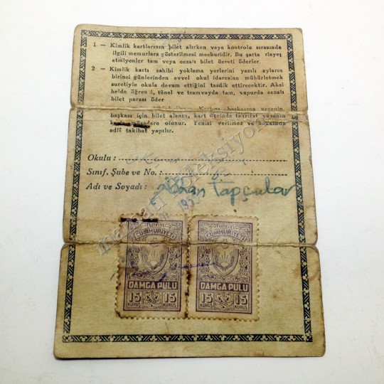 İstanbul 1955 yılına ait öğrenci kimlik kartı - Paso - Efemera