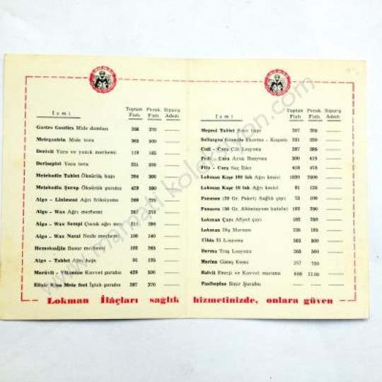 Lokman ilaçları, 1964 fiat ve sipariş kartı Tıp Eczacılık efemeraları - Efemera