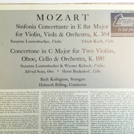 MOZART / Sinfonia Concertante K. 364 Concertone for 2 Violins K. 190 - Plak