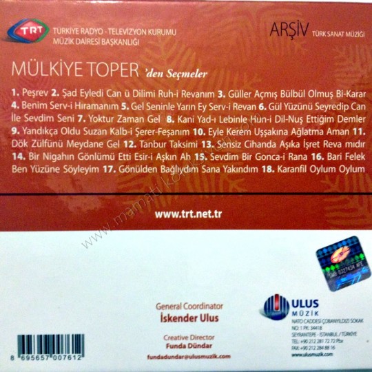Mülkiye TOPER'den seçmeler Türk Sanat  Müziği Cd TRT Arşiv serisi
