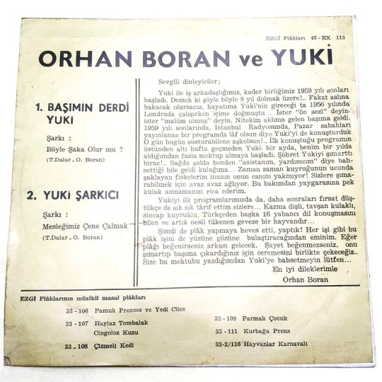Orhan BORAN ve Yuki  - Sadece fotokopi kapak, plak yoktur.
