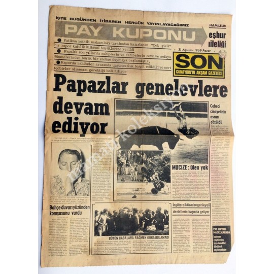 Pay Kuponu, Son Günaydın'ın akşam gazetesi - 31 Ağustos 1969 - Efemera