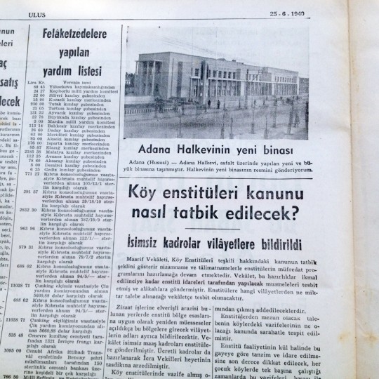 Ulus gazetesi, 25 Haziran 1940, Adana Halkevi, Köy enstitüleri - Efemera