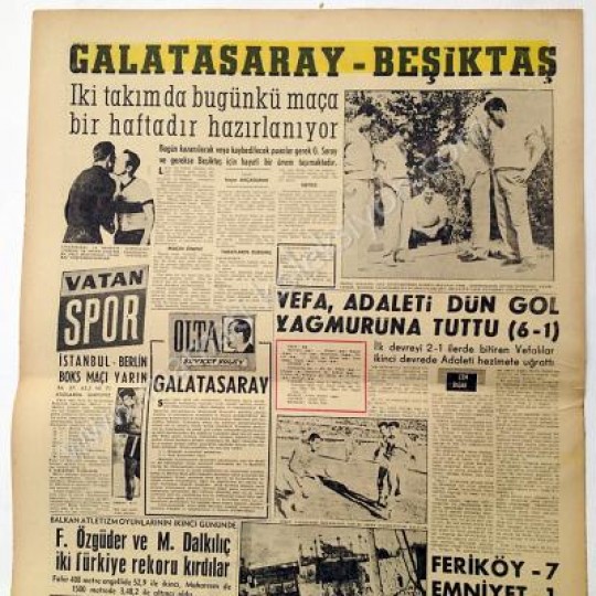 Vatan gazetesi, 21 Eylül 1958 Galatasaray, Beşiktaş, - Efemera