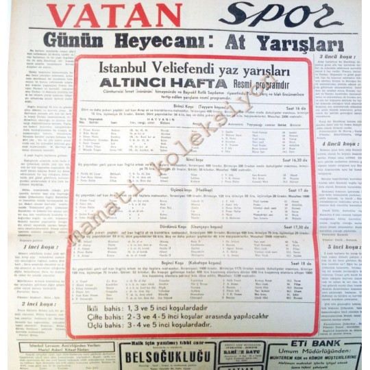 Vatan gazetesi - 17 Ağustos 1941 Veliefendi At yarışları 