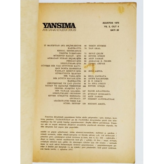 Yansıma aylık sanat ve kültür  dergisi Sayı:20 Ağustos 1973 / Çernişevski, 27 Mayıs'tan 1973  - Dergi