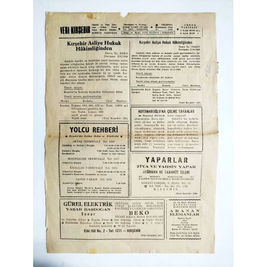 Yeni Kırşehir gazetesi - 26 Mart 1968 / Eski gazeteler