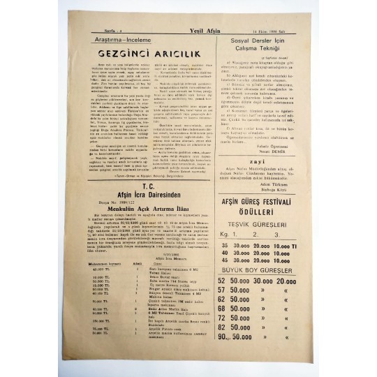 Yeşil Afşin gazetesi, 14 Ekim 1986  - Güreş Festivali, Peközler değirmeni -  Efemera