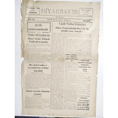 7 Eylül 1939 Tarihli Diyarbakır gazetesi - Eski Gazete
