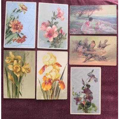 7 adet, çiçekler vs. yüzyıllık kartpostal