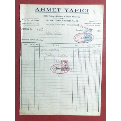 Ahmet YAPICI Sıhhi Tesisat GALATA - 1947 Tarihli Fatura