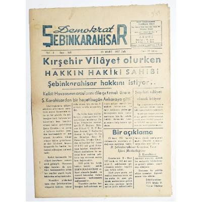 Demokrat Şebinkarahisar gazetesi 19 mart 1957 - Eski Gazete