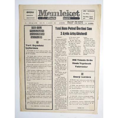 Memleket Günlük gazete 12 Ağustos 1981 ORDU - Eski Gazete
