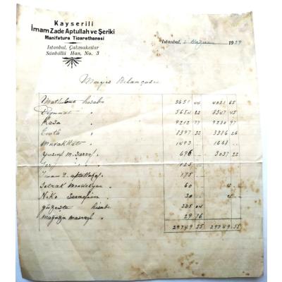 Kayserili İmamZade Aptullah ve Şeriki, Manifatura ticarethanesi - !929 yılına ait fatura