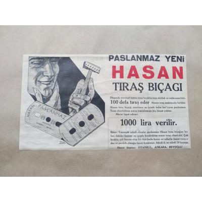 Paslanmaz Hasan tıraş bıçağı - 100 defa tıraş eder / Dergi reklamı - Efemera
