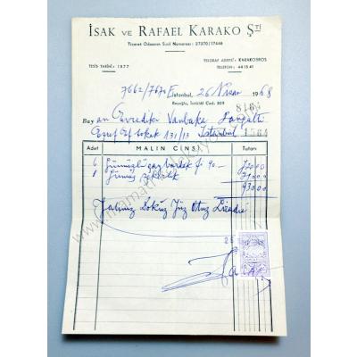 İsak ve Rafael KARAKO 1968 tarihli Fatura Yahudilere ait efemeralar Beyoğlu - Efemera