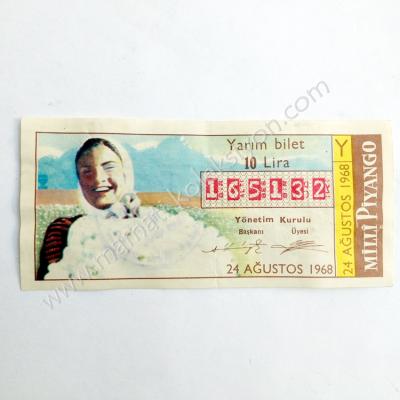 24 Ağustos 1968 Yarım bilet, milli piyango Eski Piyango Nimet abla kaşeli - Efemera