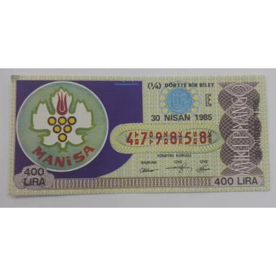 30 Nisan 1985 - Dörtte bir bilet - Milli Piyango bileti Manisa - Efemera